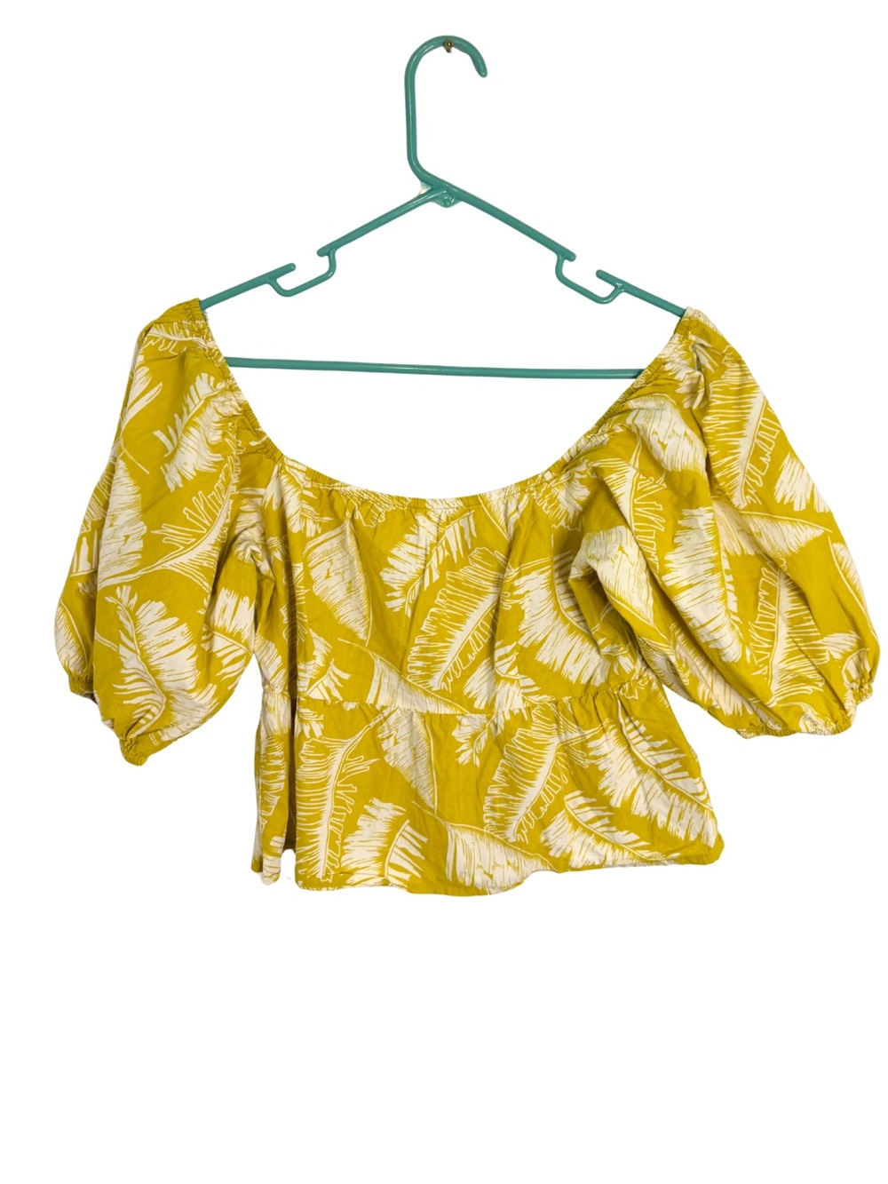 Sim & Sam Off-Shoulder Yellow Leaf-Print Puff Sleeve Crop Top Size Large
